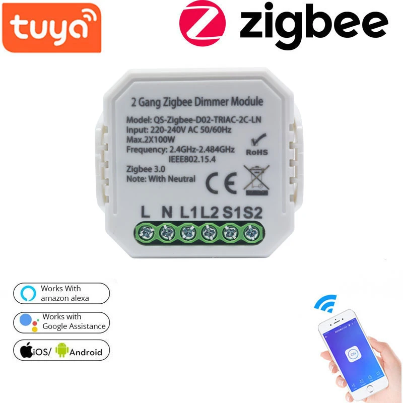 

Tuya Dimmer Switch Module Zigbee 3.0 Wireles 2 Way Switch AC220-240V Smart Life APP/ Voice Control Work With Alexa Google Home