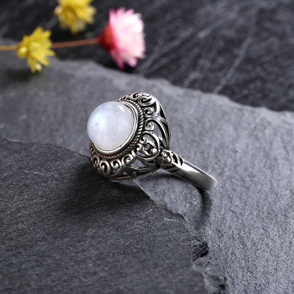 Vintage Natural Blue Sandstone Moonstone Ring 925 Sterling Silver Labradorite Hollow Luxury Fine Jewelry Wedding Gift for Women images - 6
