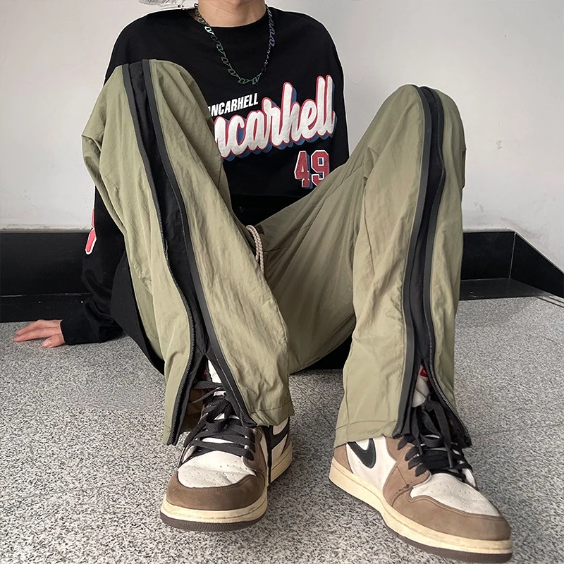 

Mens Fashion Zipper Split Trousers Waterproof Casual Pants Male Hip Hop High Street Loose Straight Pant Harajuku Sweatpants