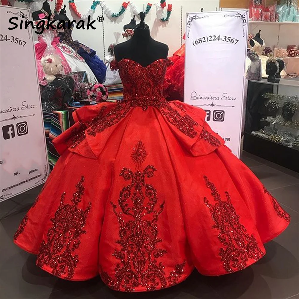 Red Sparkly Quinceanera Prom Dresses 2020 Off Shoulder Lace Applique Sequins Ball Gown Tulle Party Sweet 16 Dress Quinceañera