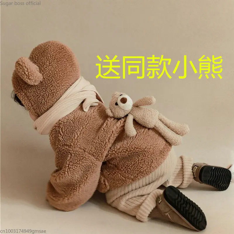 

little baby Girls' winter clothes kids' cashmere fur thickened coat Children's warm warm hooded plush top bear ear cute jacket