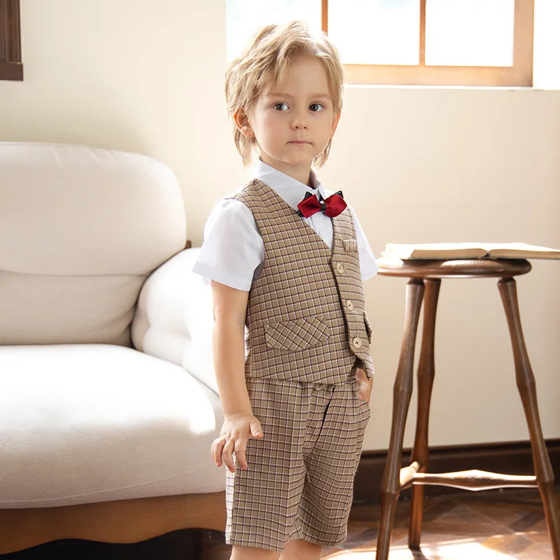 Prince Boys Khaki Plaid Waistcoat Photography Suit Children Formal Wedding Dress Kids Performance Birthday Ceremony Costume