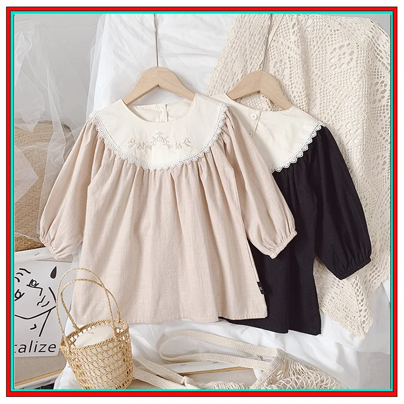 

Summer Toddlers Kids Princess Dresses Lace Retro Embroidery Floral Puff Sleeve Baby Girls Loose Dress Children Skirt