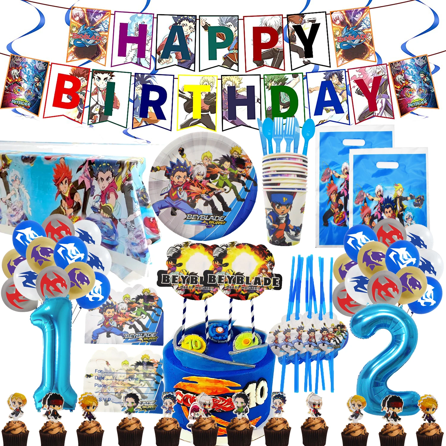 Beyblade Birthday Party Supplies Favor Plates Cups Straws Banner Cake Topper Balloons Cartoon Decorations for Boys and Girls