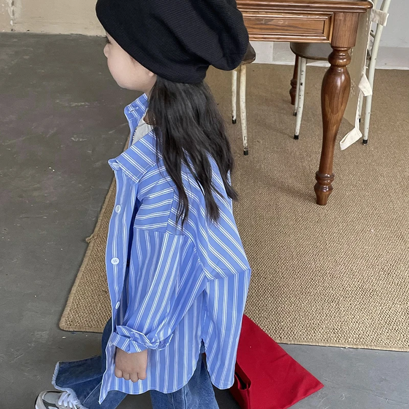 

Демисезонная блузка для девочек, детские топы, Детская Длинная блузка для малышей, детская одежда, модная синяя полосатая блузка с надписью