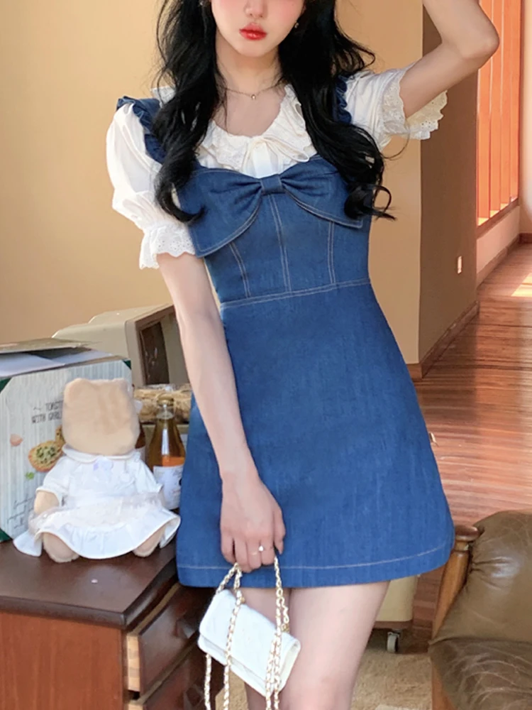 

2 Piece Dress Set Women Fashion Suits Y2k Mini Dress + Casual Blouse Kawaii Clothing Elegant Denim Jean Dress Female 2022 Summer