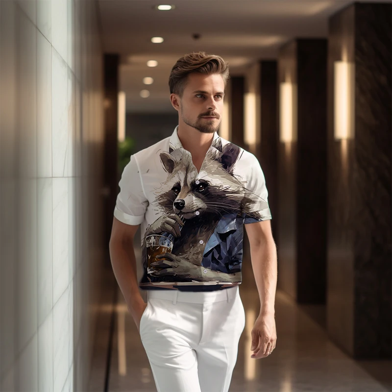 

Outdoor Raccoon 3d Printing Short Sleeve Shirt Fashion Versatile Men's Short Sleeve Shirt Casual Street Shirt Party Shirt