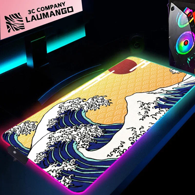 

Коврик для мыши Kanagawa с волнами и подсветкой, компьютерный RGB игровой коврик с клавиатурой с подсветкой, аниме коврики, большие коврики Xxl