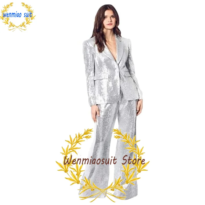 Women's Suit Sequin Stage Dress 2 Piece Wedding Tuxedo Formal Party Jacket Pants Prom Lady Blazer Set