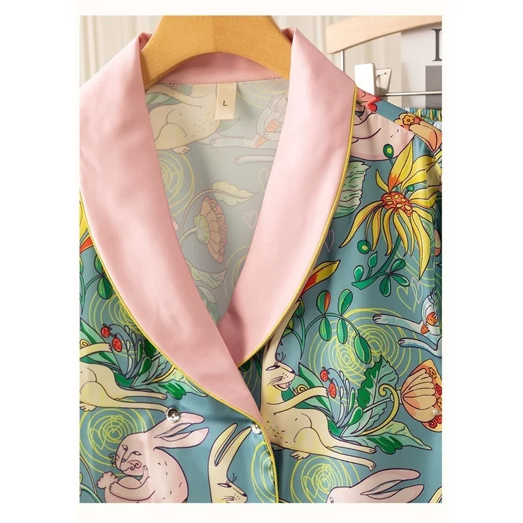 Lisacmvpnel Printed Fashion Pajamas For Girls Ice Silk Sexy Long Sleeve Suit Lapel Pajama Set Can Be Worn Outsiede Sleepwear