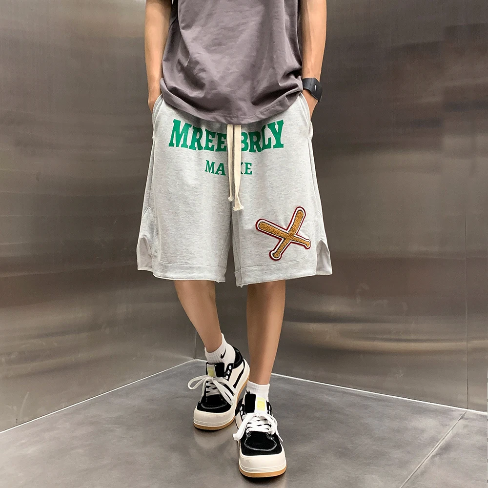 

New Arrival Cross Stitch Embroid Letter Print Oversize Women Five Pants Fifth Trousers Unisex Men Sport Jogger Hip Hop Shorts