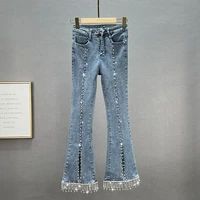tasseled jeans womens bell bottom pants 2022 spring new high waist slim slimming european goods diamond beaded bootcut trousers