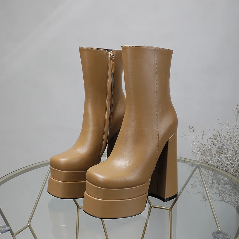 2023 Autumn/Winter Black Brown Genuine Leather High Boot Fashion Party Thick Heel High Heel Side Zipper Brand Women's Boots34-42