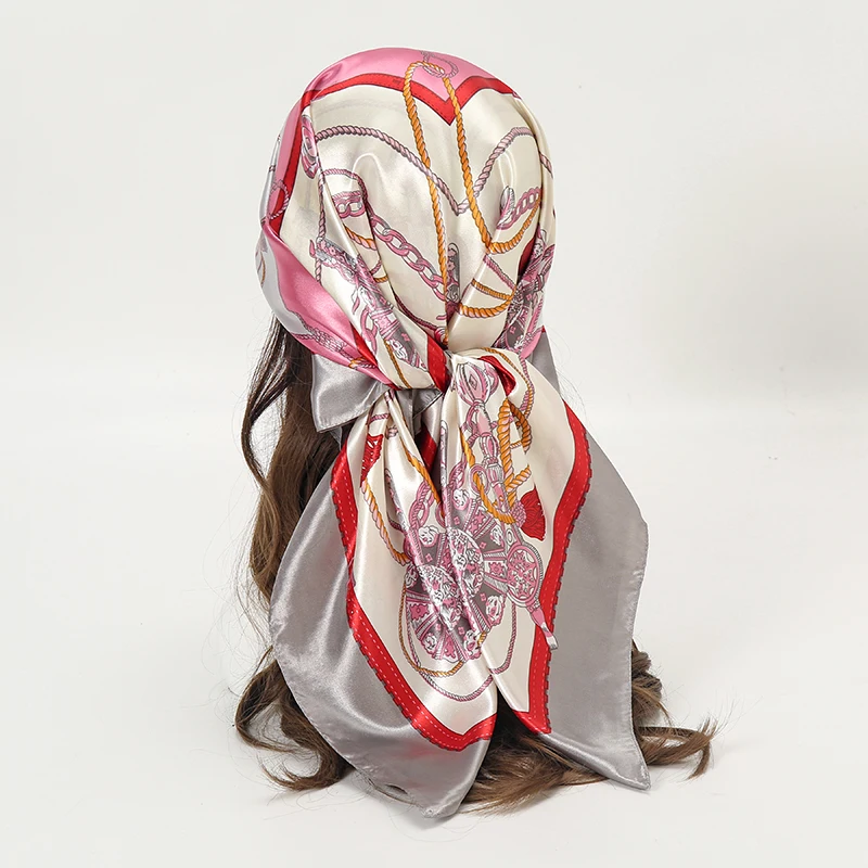 

90X90Cm Square Silk Scarves Women Foulard Rope Print Shawl Wrap Muffler Pareo Bandanna Female Chiffon Hijab Poncho Beach