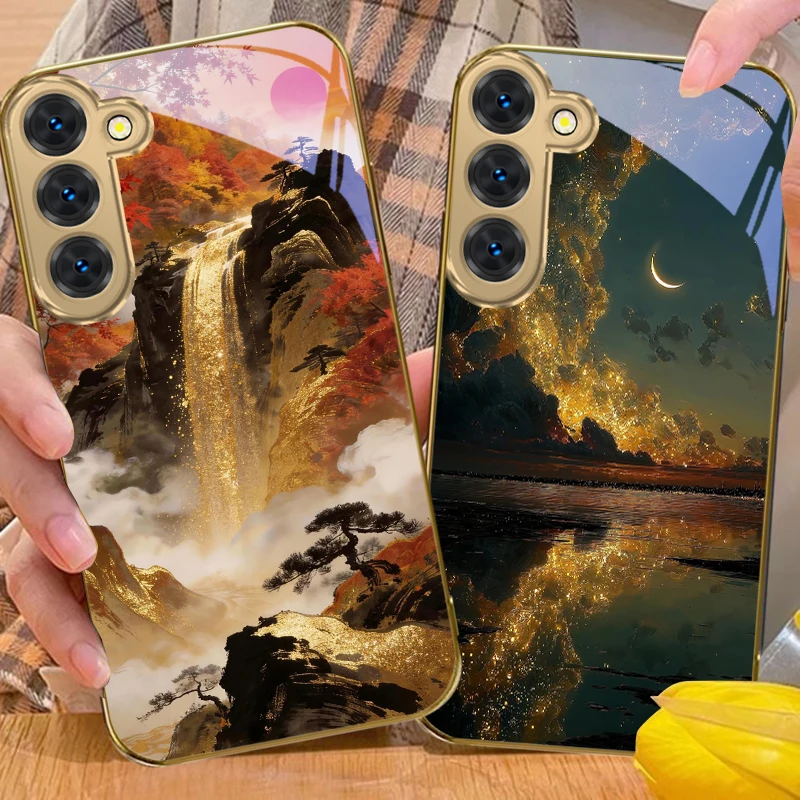 Фото Чехол для телефона Samsung Galaxy S26 S20 FE S21Plus S22 23 Plus S24 Ultra S25 S21+ S9+ 22Plus из золотого стекла с дизайном «Море и небо на закате» №3