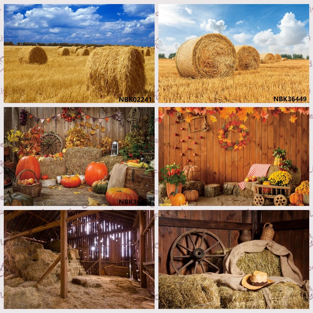 

Autumn Scenery Field Hay Roll Wheat Photography Old Wooden Warehouse Rural Photographic Farm Haystack Backdrop For Photo Studio
