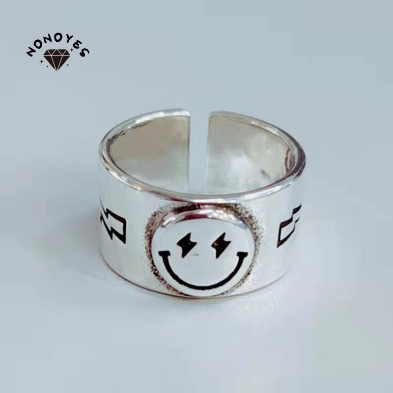 

Nonoyes Fashion Men Silver Color Smiley Lightning Adjustable Ring Gothic Punk Hip Hop Party Popular Jewelry Gift Wholesale