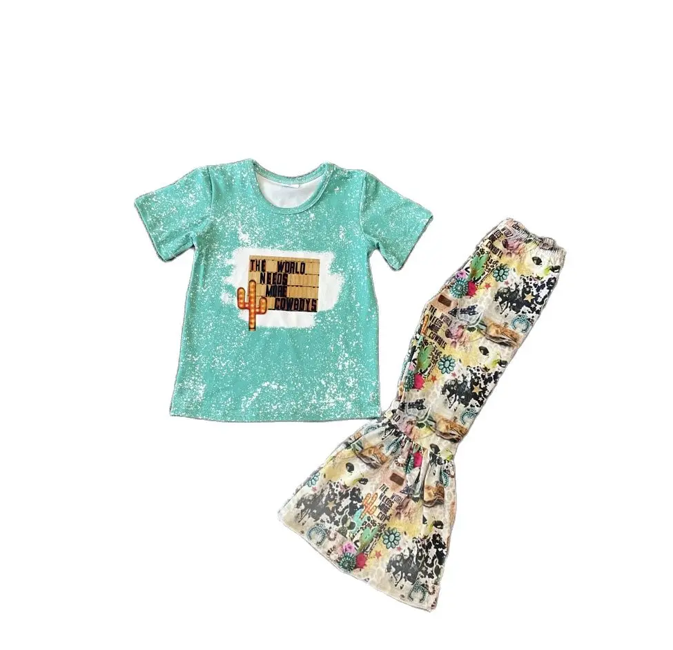 

Cactus Print Light Green Summer Girls Suit Short Sleeve Top Flared Pants 2-Piece Set Boutique Children's Clothing Wholesale