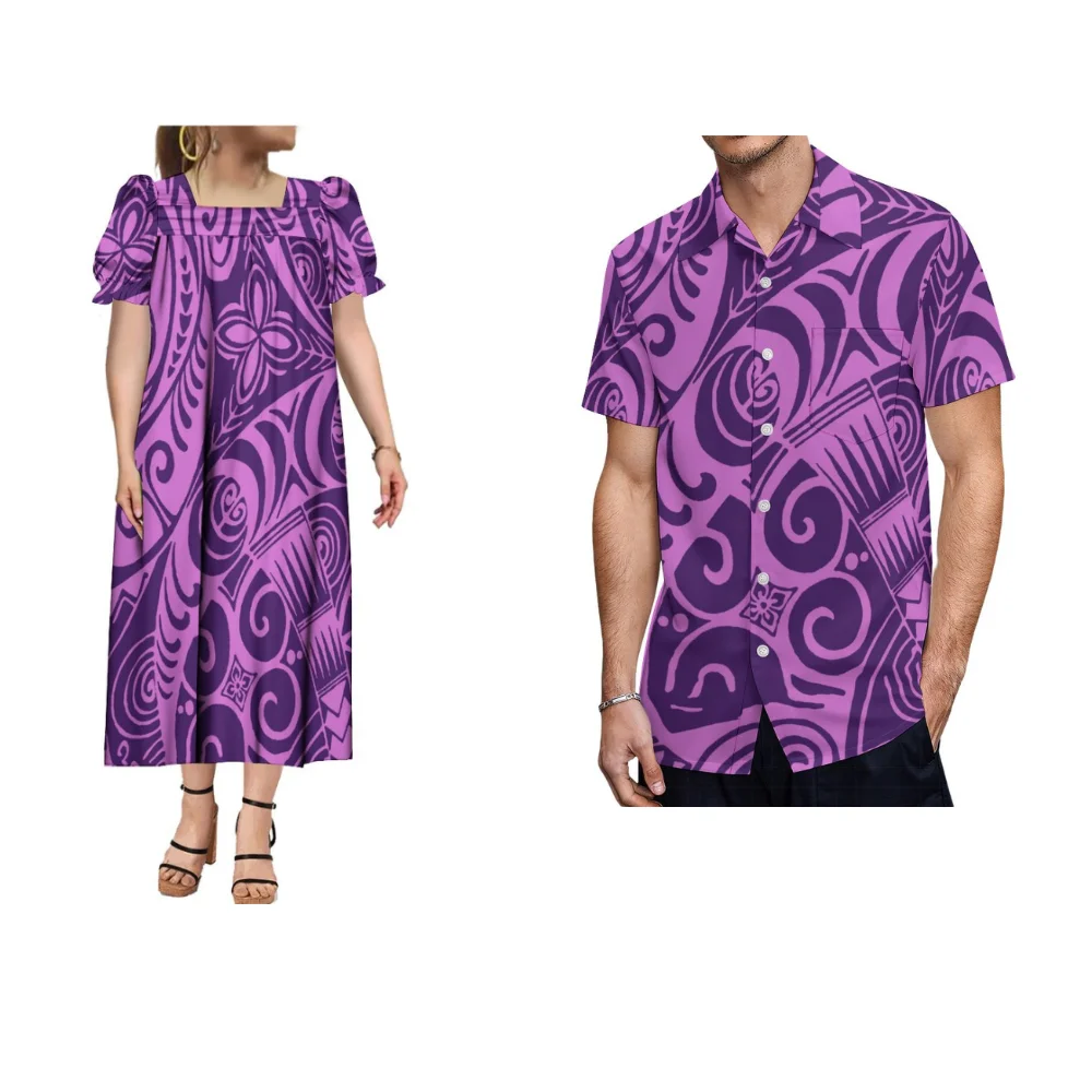 

Women's Dress With Puffed Sleeves Design Long Skirt Men's Casual Loose Shirt Custom Polynesian Couple Clothing For Summer