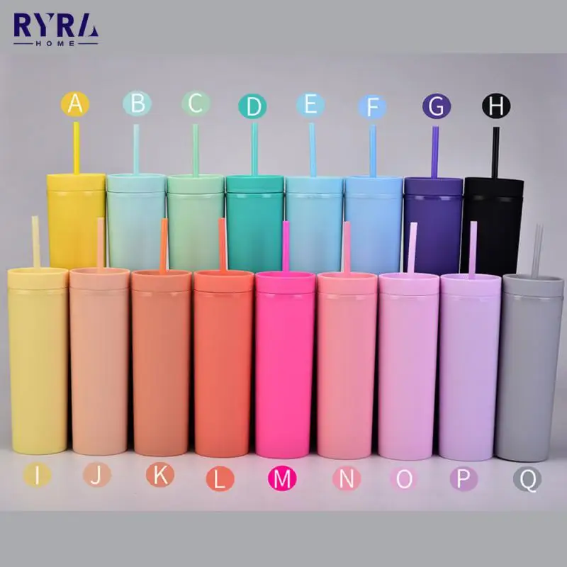 

Colorful Matte Slim Skinny Tumbler With Lid Straw 16OZ Double Wall Tumbler 450ml Double-layer Plastic Frosted Water Bottle 2022