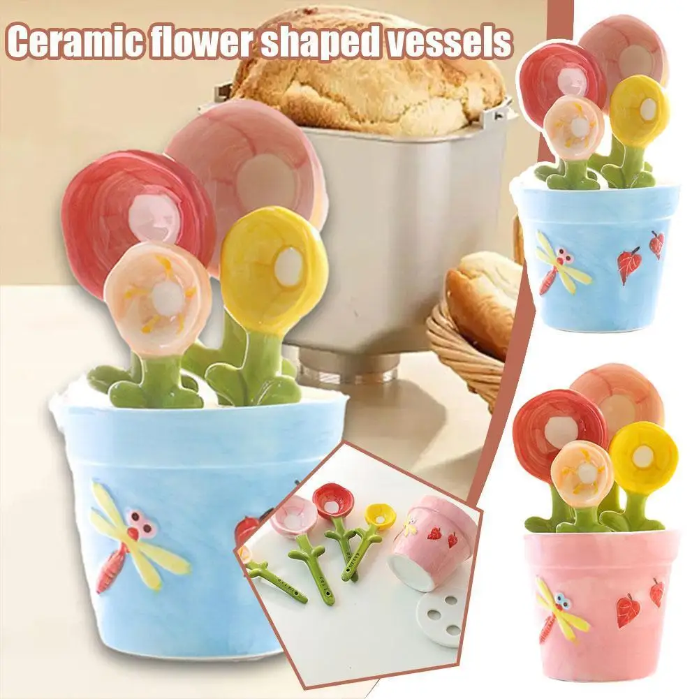 

Flower Measuring Spoons Set In Pot, 4Pcs Flower Shape Measuring Small Spoon Scale Kitchen Tools With Cute Ceramic Baking Ho E4S4