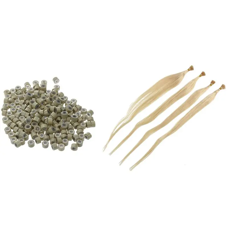 

2023 Hot Sale-200 PCS 5Mm Blonde Color Silicone Lined Mini Rings Links With 100X Keratin Pre Bonded Nail U Tip Glue (22Inch)