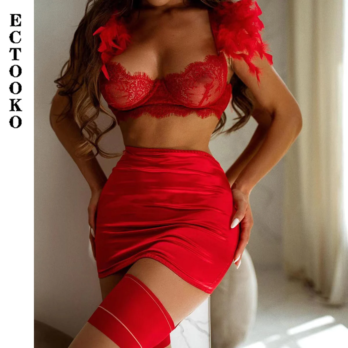 

ECTOOKO New Feather Lace Steel Ring Garter Sexy Erotic Lingerie Body-Shaping Split Set