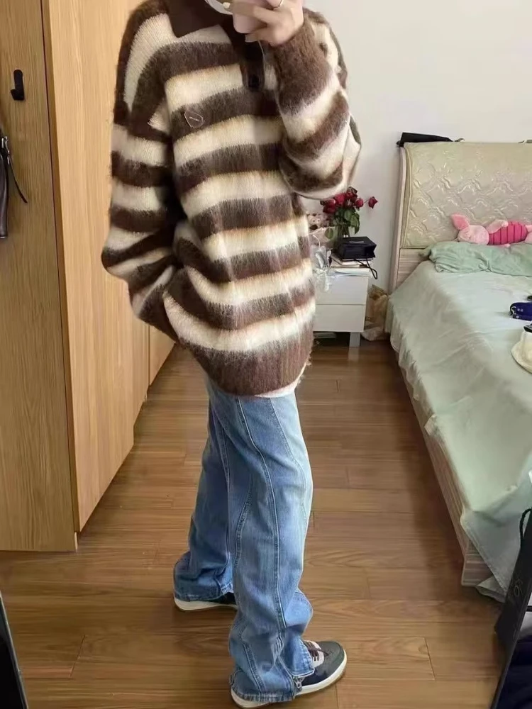Пуловеры с длинными рукавами женские полосатые дизайны осень-зима новые теплые