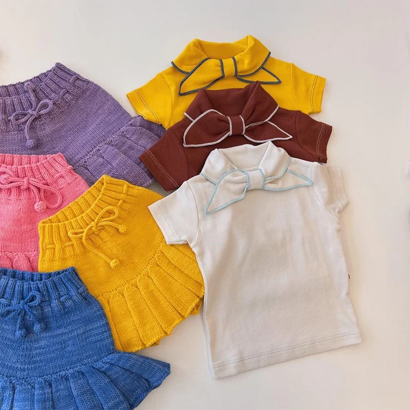 

Jenny&Dave 2023 New Collection Children's T-shirt Pastoral Style Baby Girl Short Sleeve Tie Up Bow Top Girl