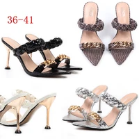 women shoes high heeled sandals summer new pointed metal chain woven pu stiletto fashion womens sandals fashion pumps slippers