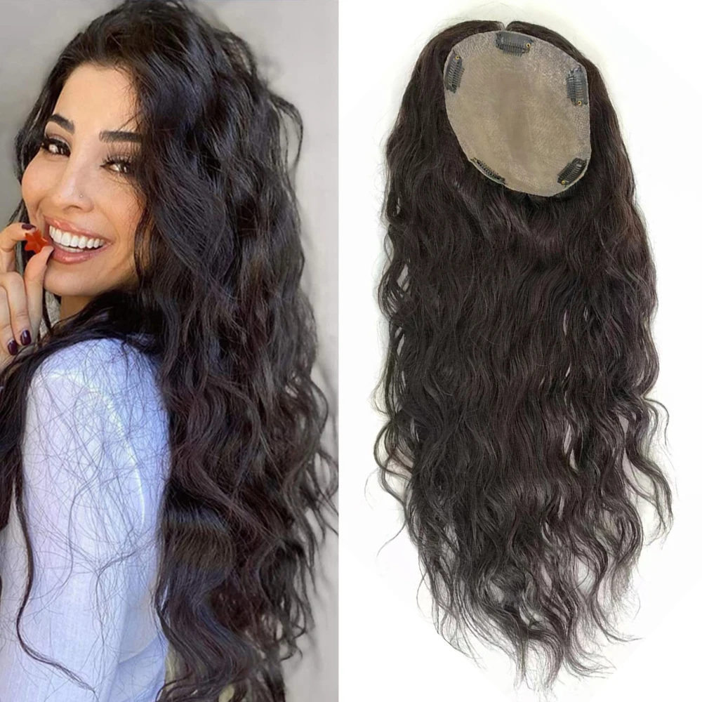 15x16cm Natural Wave Brazilian Virgin Human Hair Topper for Women with Thinning Hair Silk Base Toupee with 5 Clips Ins Wavy