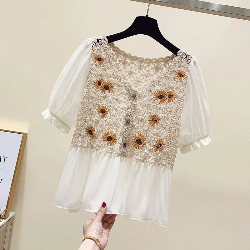 Шифоновый ажурный кардиган с вышивкой ромашки летняя стильная рубашка модные