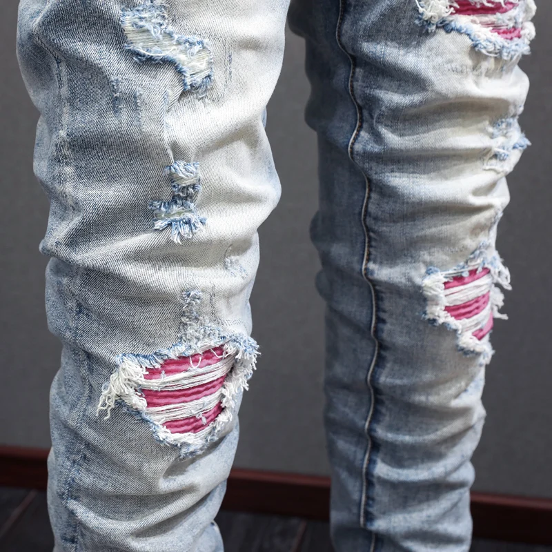 High Street Fashion Men Jeans Retro Light Blue Elastic Skinny Ripped Jeans Men Pink Patched Designer Hip Hop Brand Pants Hombre
