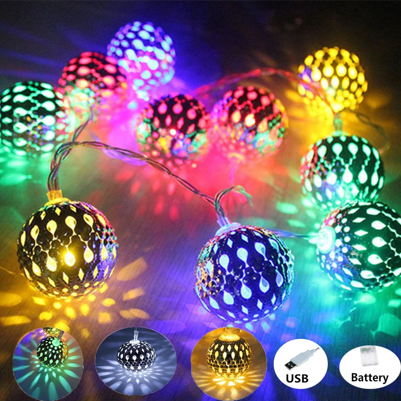 Guirnalda de luces LED de 3M, 5M y 10M, bolas de Metal plateadas de Marruecos, alimentadas por USB, decoración de boda, Navidad y habitación al aire libre