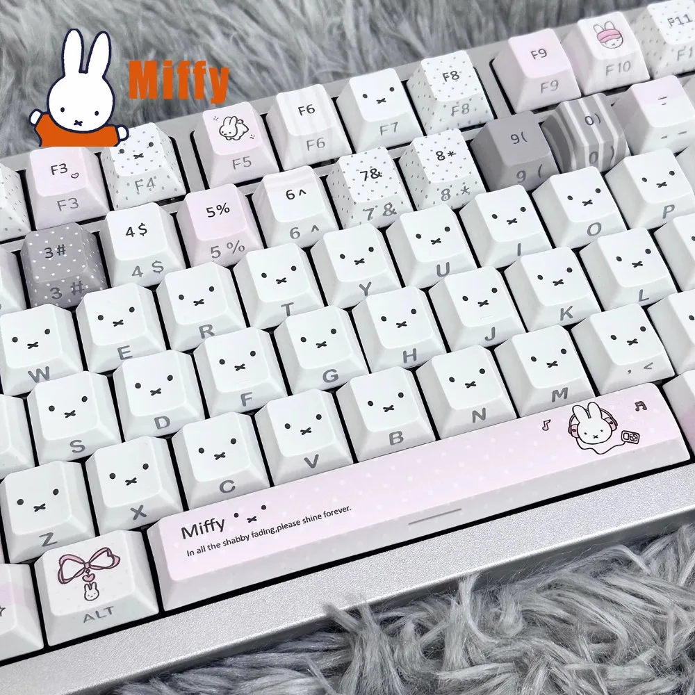 Фото Набор кейкапов для механической клавиатуры Kawaii Miffy: милый кролик, пастельные серо-розовые цвета, PBT, сублимационная печать, аксессуар для рабочего стола, подарок для офисной сотрудницы №2