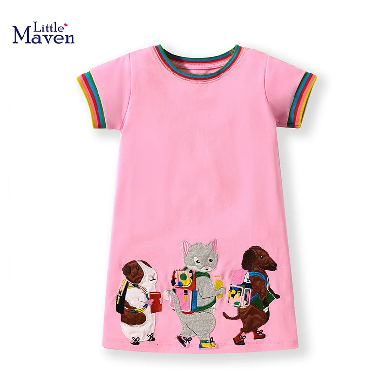 

Little maven 2023 Baby Girls Shorts Sleeves Dress Cotton with Animals Mouse Go To School Summer Casual Kids Clothes