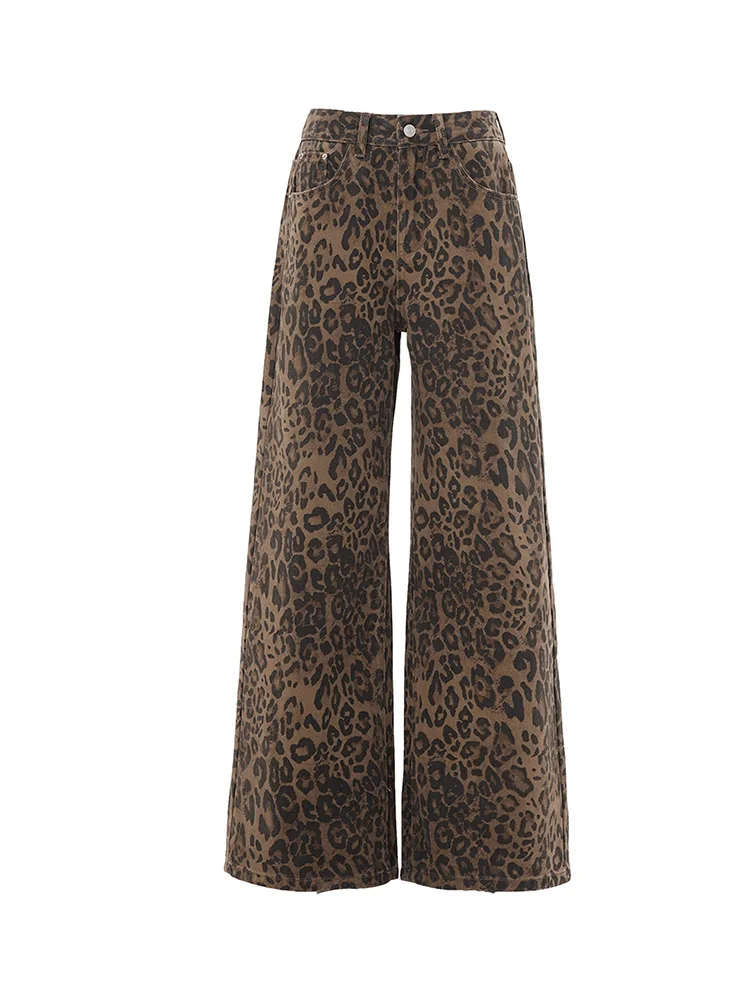 Plus Size Vintage Leopard Print Wide Leg Denim Women Fall New Arrival High Waist Loose Slimming and All-Matching Casual Strai...