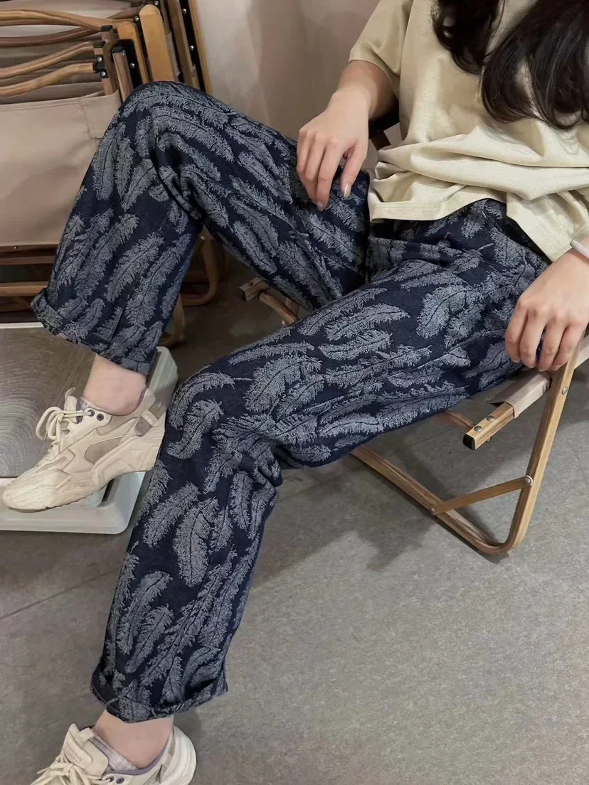New Japanese Style Hirata and Hiroshi Casual Men's Women's Loose Denim Jacquard Feather Flared Pants Versatile