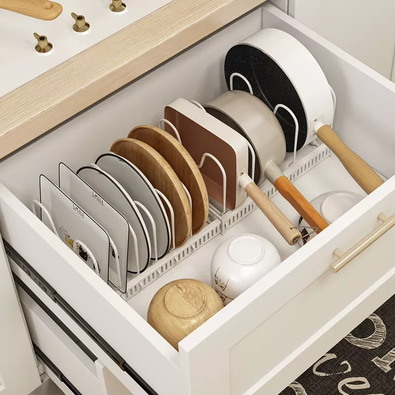 

Expandable Pans Organizer Rack, Pots and Pans Cabinet Organizer with 4/7 Adjustable Compartments ,Kitchen Cabinet Organizer Rack