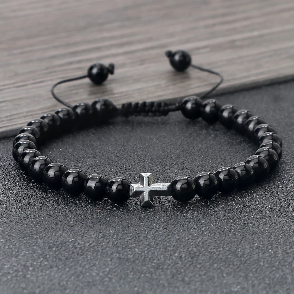 Charm 6mm Natural Stone Beads Braided Bracelet Prayer Men Women Christian Jesus Bless Cross Bracelets Bangles Friendship Jewelry