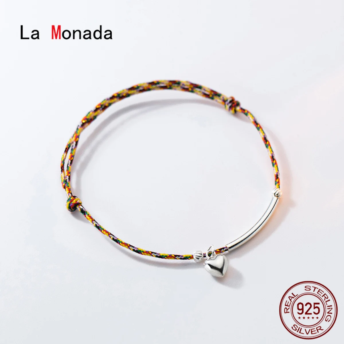 

Женский веревочный браслет с сердечками La Monada, разноцветные браслеты из стерлингового серебра 925 пробы с нитками, 23 см