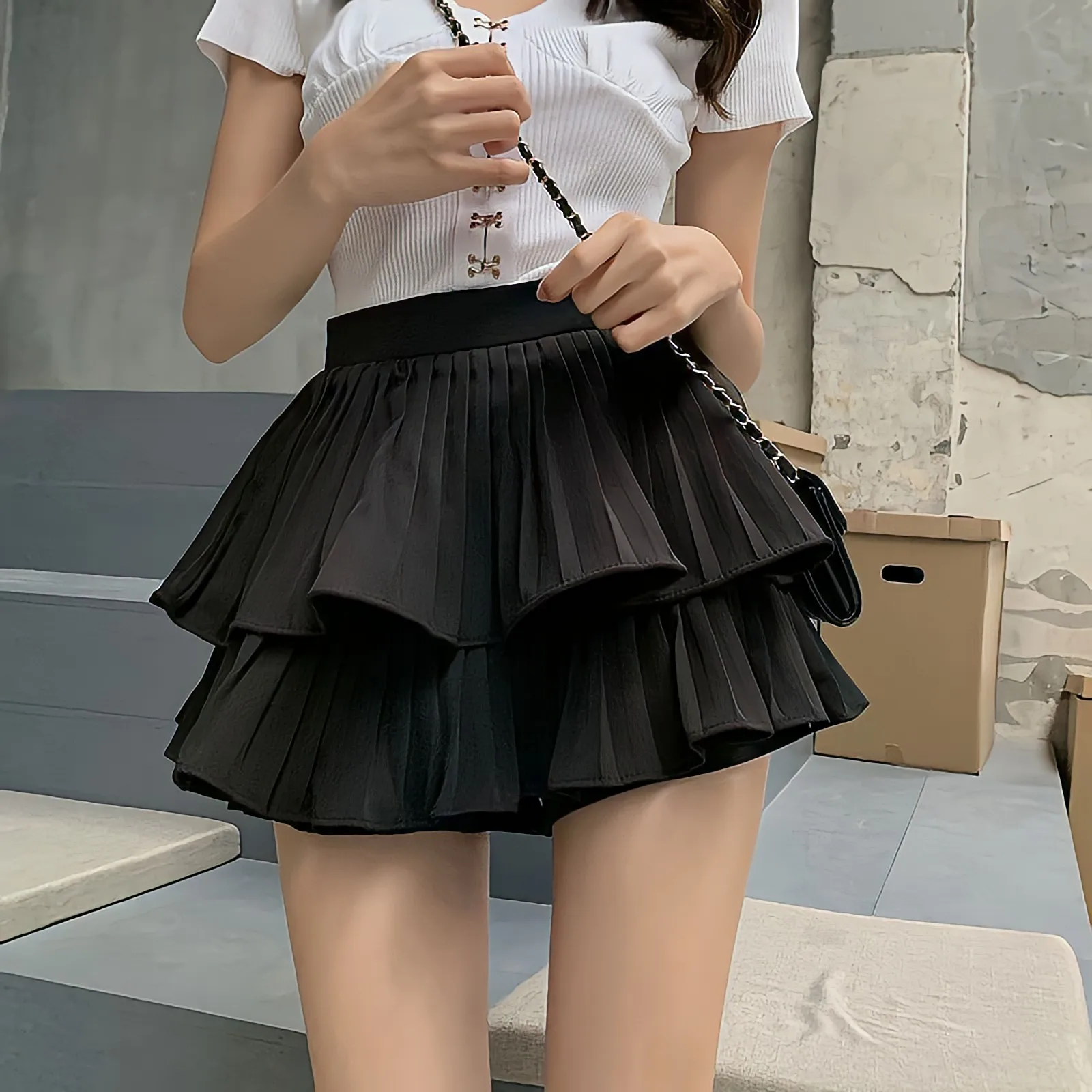 

High Waist A-Line Pleated Preppy Korean Fashion White Mini Skirt Casua Double Layer Ruffles Y2k Streetwear Skirt Shorts Summer