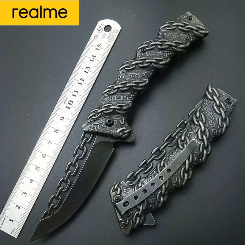 

Realme Stonewash Chain Folding Knife Tactical Folding Blade Knives Outdoor Tools Top Quality Carving Knifes All Stainless Steel