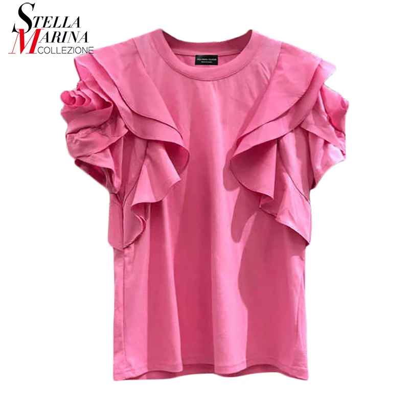 

Новинка 2022 года; Однотонная женская летняя повседневная одежда с короткими рукавами, украшенное оборками; Цвет розовый, черный, белый; Милая...