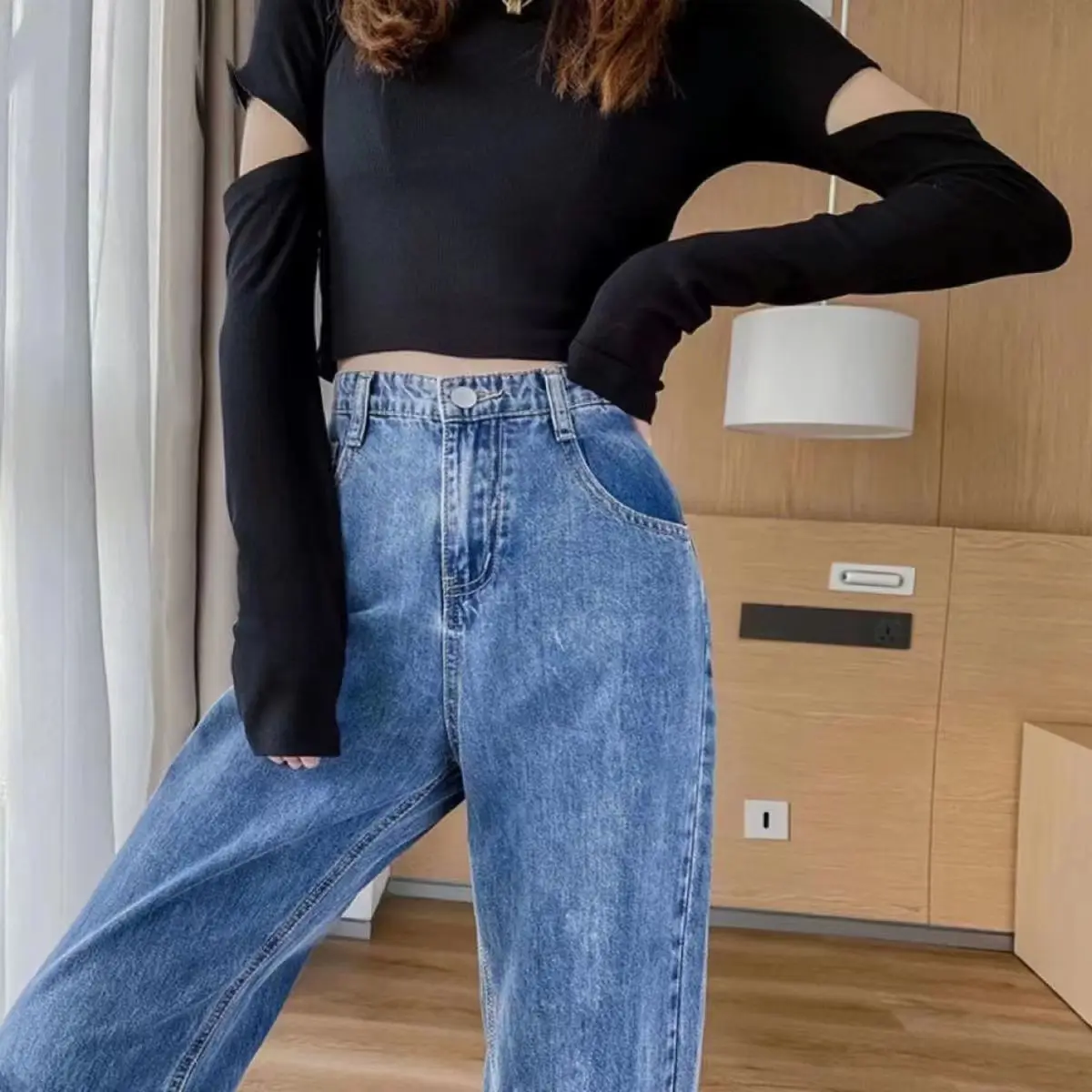 2022 New Woman Trend Jeans High Waist Wide Leg Cotton Denim Clothing Blue Streetwear Vintage Fashion Harajuku Straight Pants