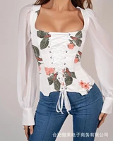 sexy square neck tops for women 2022 fashion print chest strap top spring new white stitching mesh long sleeved slim shirt