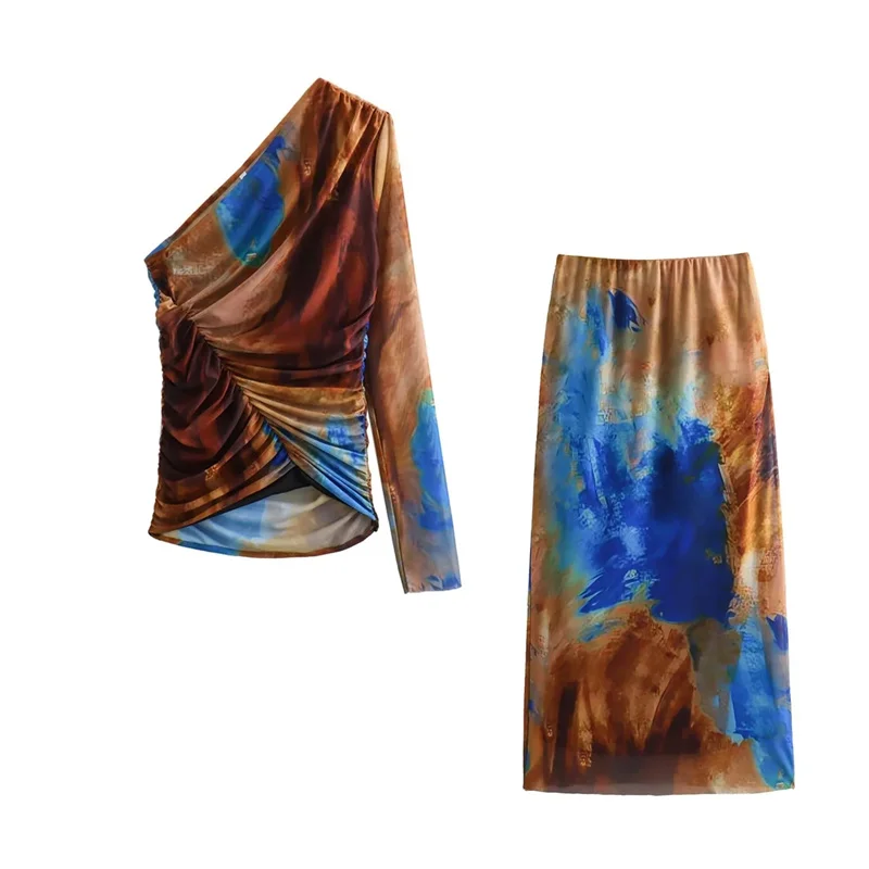 

TRAF Elegant Printed Tulle Skirt Sets For Women High Rise Elastic Waistband Midi Skirt+Asymmetric Neck Long Sleeve Slim T-Shirt