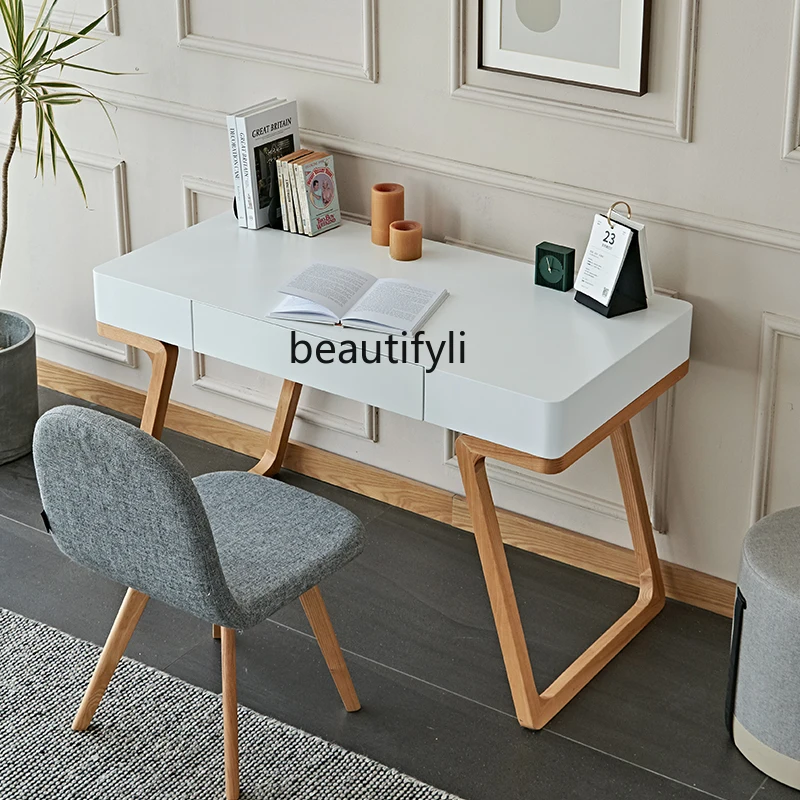 

zqNordic Small Apartment Desk White Oak Paint Dressing Table Student Writing Modern Work