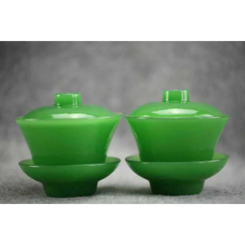 

A pair of beautiful green glass Gaiwan lid bowls teacups