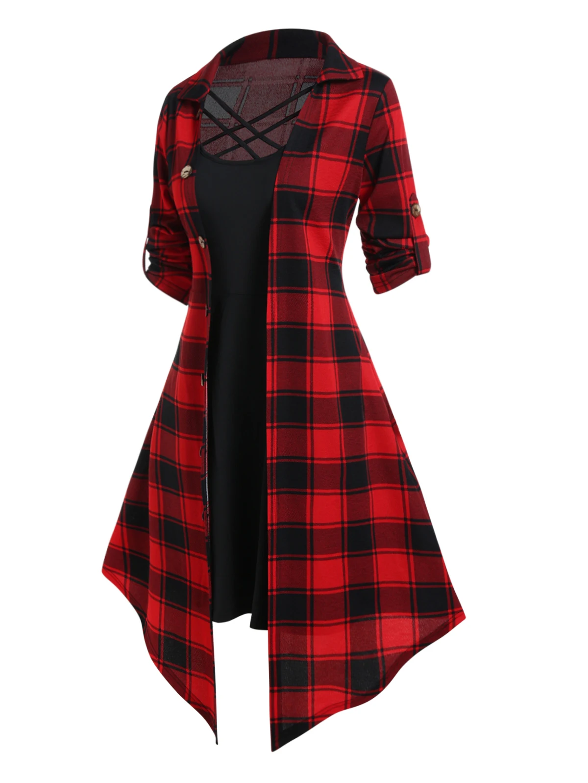 

2 Pieces Dress Set Colorblock Crisscross A Line Cami Dress And Mock Button Plaid Print Long Sleeve Top For Women